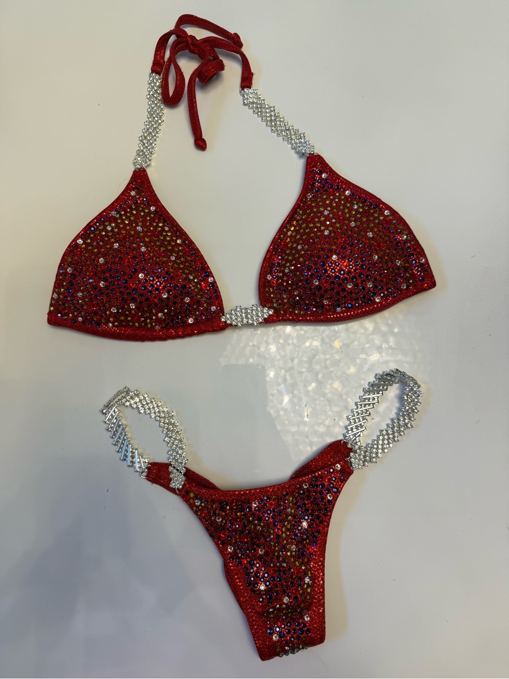 Red Crystal-Embellished Women's Bikini Set with Silver Accents